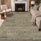 GENIMO 9x12 Area Rugs for Living Room, Machine Washable Non Slip Vintage Rugs, Low Pile Lightweight Chenille Print Rug for Bedroom, Dining Room, Home Office, Green Khaki