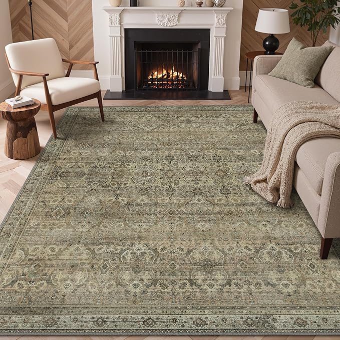 GENIMO 9x12 Area Rugs for Living Room, Machine Washable Non Slip Vintage Rugs, Low Pile Lightweight Chenille Print Rug for Bedroom, Dining Room, Home Office, Green Khaki