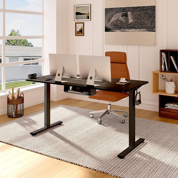 FLEXISPOT EN2 Whole-Piece Standing Desk with Clamp Power Strip, 60 x 24 Electric Stand Up Height Adjustable Desk with Cable Management (Black Frame + 60" Black Top, 2 Packages)