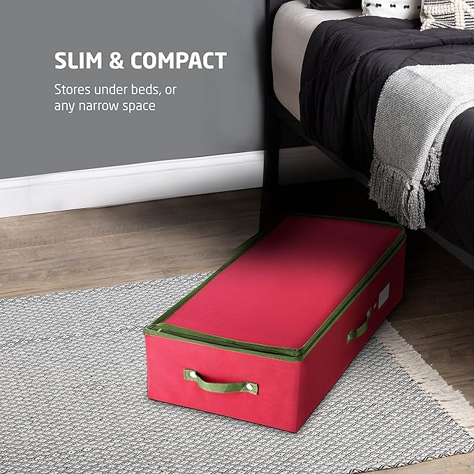 ZOBER Underbed Christmas Ornament Storage Box - Stores 72 Large 4" Ornaments, With Dividers - Tear Proof 600D Oxford Fabric, Ornament Organizer Storage Box, Durable Christmas Containers Holder - Red