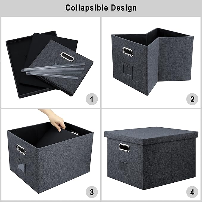 4-Pack Modern Minimalist Dark Gray Collapsible Linen File Folder Box with Lid for Letter Size Hanging Files, Office Organization, General Storage