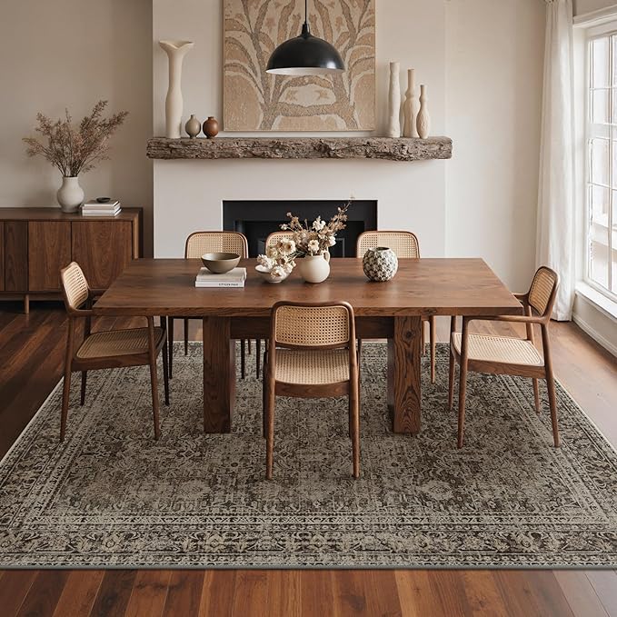 GENIMO 5x7 Area Rug Machine Washable Boho Rug for Living Room,Ultra-Thin Low Pile Carpet,Lightweight Indoor Printed Rug,Non Slip Floral Area Rug for Bedroom, Dining Room, Home Office,Brownish Green
