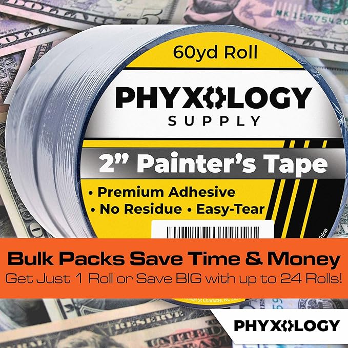 No-Residue Blue Painters Tape 2 inch 4x 60 Yard Roll. Easy-Tear, Pro-Grade Removable Masking Tape Great for Home, Office, Commercial Contractor. Clean, Drip-Free Painting w/ Wide Crepe Paper Rolls