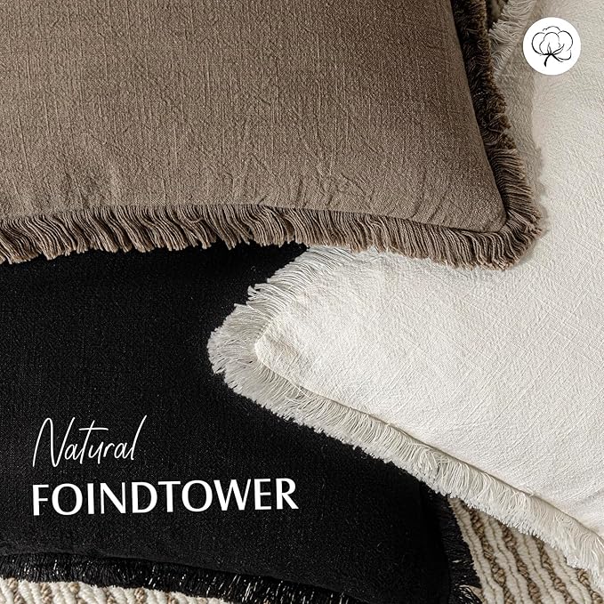 Foindtower Set of 2 Decorative Linen Fringe Throw Pillow Covers Cozy Boho Farmhouse Cushion Cover with Tassels Soft Accent Pillowcase for Couch Sofa Bed Living Room Home Decor,18×18 Inch,Light Brown