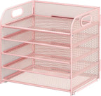 Cawukege 5 Tier Paper Organizer with Handle, Metal Mesh Desk Organizer File Folder Paper Letter Tray Desktop Document Sorter for Classroom, School, Office Accessories Organization and Storage - Pink