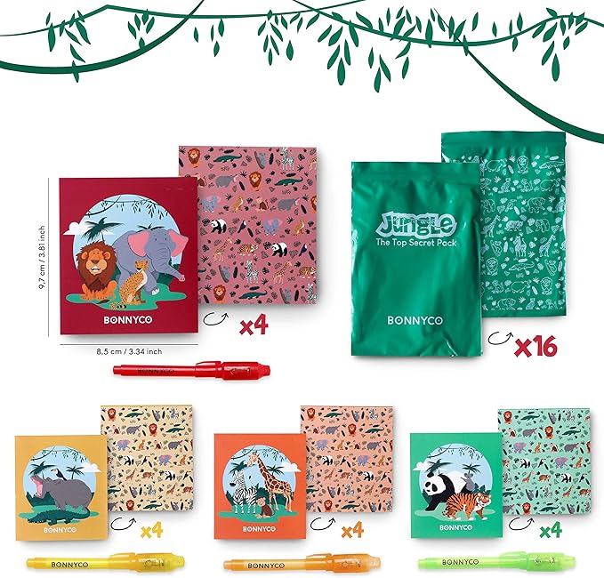 Invisible Ink Pen and Notebook Pack of 16 - BONNYCO | Safari Party Favors for Kids | Spy Pen Jungle Party Favors, Animal Prizes for Kids | Magic Pen Jungle Theme Party Supplies, Prizes for Students