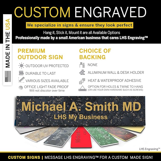 Engraved Custom Door Plate Charcoal Marble Pattern Plastic Office Door Sign with Gold Letters - Made in USA 2x6 S6