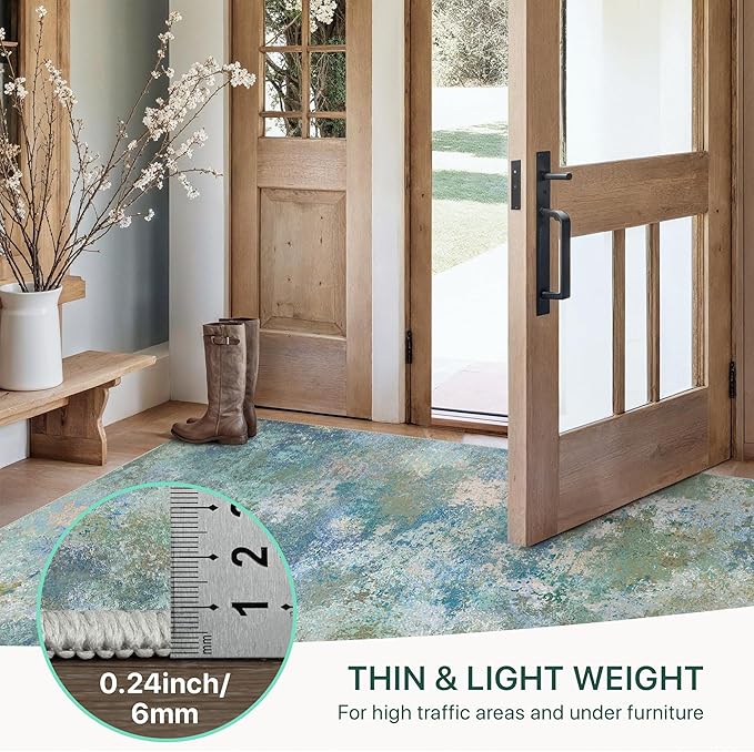 GENIMO Washable Rugs 6x9 Area Rugs for Living Room Bedroom, Modern Lightweight Rug Ultra Soft Indoor Area Rugs 6x9 for Dining Room, Low Pile Carpet with Non Slip Backing, Blue Green