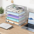 Cawukege 5 Tier Paper Organizer with Handle, Metal Mesh Desk Organizer File Folder Paper Letter Tray Desktop Document Sorter for Classroom, School, Office Accessories Organization and Storage - Silver