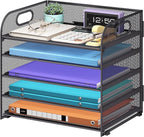 Cawukege 5 Tier Paper Organizer with Handle, Metal Mesh Desk Organizer File Folder Paper Letter Tray Desktop Document Sorter for Classroom, School, Office Accessories Organization and Storage - Grey