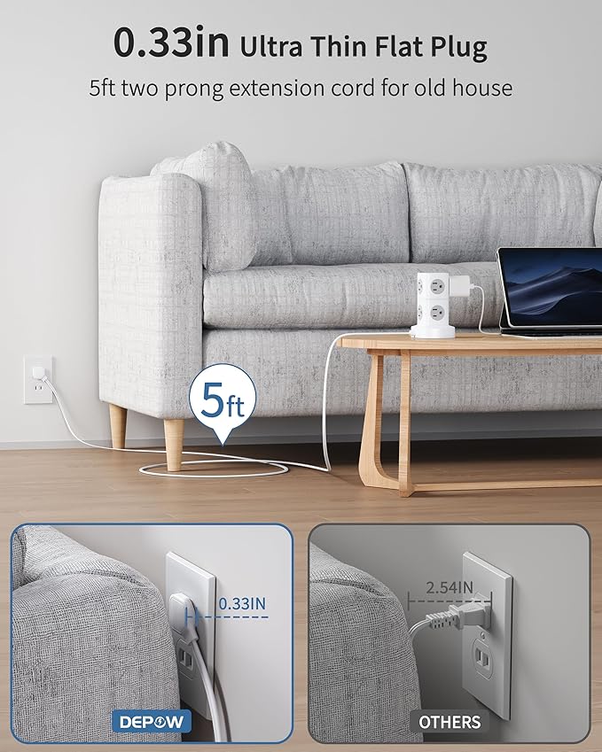 2 Prong Power Strip, 2 to 3 Prong Outlet Adapter with 9 Outlets 3 USB Ports (2 USB C), 1700J Two Prong Surge Protector, 5FT Power Strip Tower, Wall Mount for Old House Non-Grounded Outlets