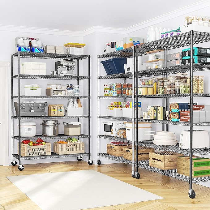 Romorgniz 82" H X45 W X18 D Storage Shelves with Wheels, 6 Tier Wire Shelving Adjustable Metal Shelving Pantry Shelves Capacity 1200LBS for Garage Shelving, Pantry, Kitchen, Closet, Commercial, Black
