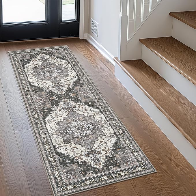 GENIMO 2X10 Hallway Runner Rug, Machine Washable Non Slip Vintage Floral Patchwork Runners, Thin Low Pile Chenille Carpet Runners for Entryway, Kitchen, Bathroom, Bedroom, Slate Gray