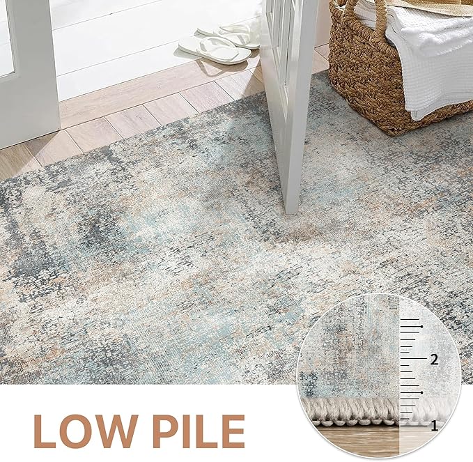 GENIMO Washable Area Rugs for Living Room, 8x10 Modern Non Slip Rugs, Low Pile Lightweight Soft Print Rug for Bedroom, Dining Room, Home Office, Washed Light Blue