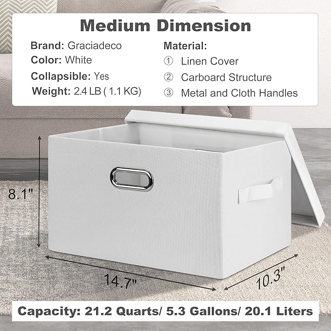 Graciadeco Medium 15" 21 Quart Collapsible Stackable Storage Bins with Lids, 1 Pack White Foldable Fabric Closet Storage Boxes with Lids, 4 Handles Heavy-duty Linen Cube Baskets for Bedroom
