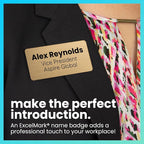 ExcelMark Custom Name Tag - Engraved Name Badge with Pin or Magnetic Backing, 16 Colors, 6 Fonts, and 2 Sizes to Choose from (Black w/Gold Letters, 1"x 3")
