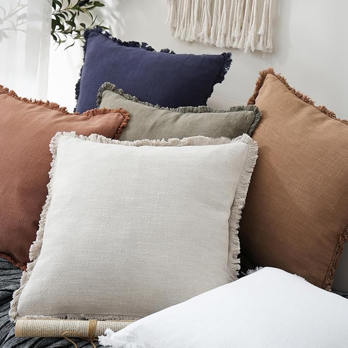 Foindtower Set of 2 Decorative Linen Fringe Throw Pillow Covers Cozy Boho Farmhouse Cushion Cover with Tassels Soft Accent Pillowcase for Couch Chair Sofa Bed Living Room Home Decor,18×18 Inch,Beige