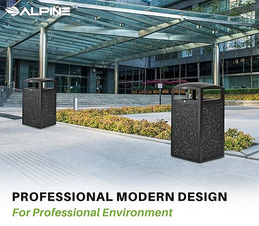 Alpine Outdoor Commercial Trash Can with Lid - 40 Gallon Heavy Duty Metal Garbage Can with Removable Bin, Locking Lid for a Modern Look in Park, Mall & High Traffic Areas - Black, Grey Stone Panels