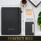 Meeting Notebook Set for Work – 3 Piece PU Leather Business Notebook with Pen & Card Holder, Professional Planner 7”x10”, Black with Gold Corners
