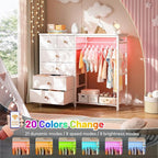 EnHomee 49.2" W White Dresser for Bedroom with Hanging Rack, 6 Drawers Dresser with LED Lights & Charging Station, Fabric Dressers & Chest of Drawers with Grid Panel & 4 Hooks, Wooden Top
