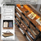 Welfuturer Dresser for Bedroom with 12 Drawers Clothes Dresser with Charging Station and LED Light Fabric Storage Tower for Living Room Hallway Closet Sturdy Steel Frame Wooden Top Rustic Brown
