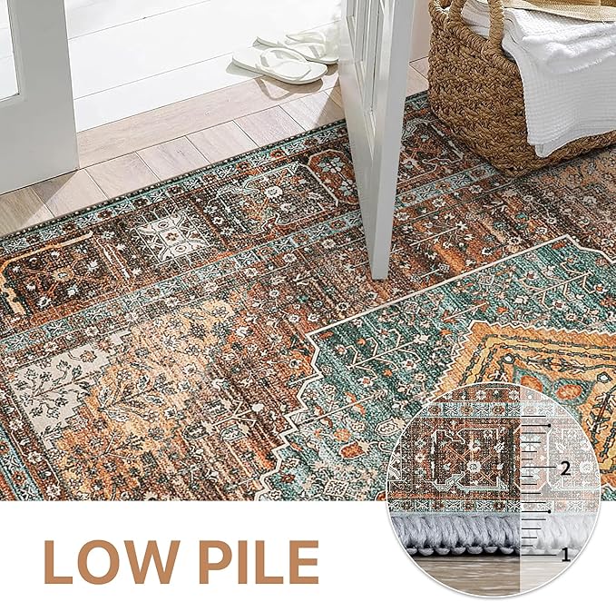 GENIMO 3x5 Area Rugs for Living Room, Machine Washable Non Slip Vintage Rugs, Low Pile Lightweight Chenille Print Rug for Bedroom, Dining Room, Home Office, Vintage Brown/Blue
