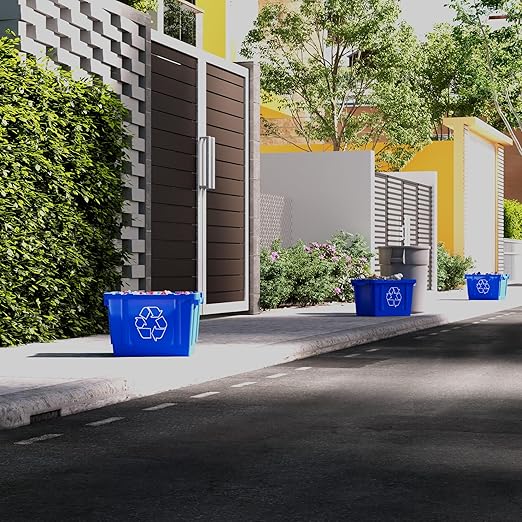 14 Gallon Rectangular Blue Recycling Bin | Inside Outside Curbside | Stackable Box for Paper Plastic