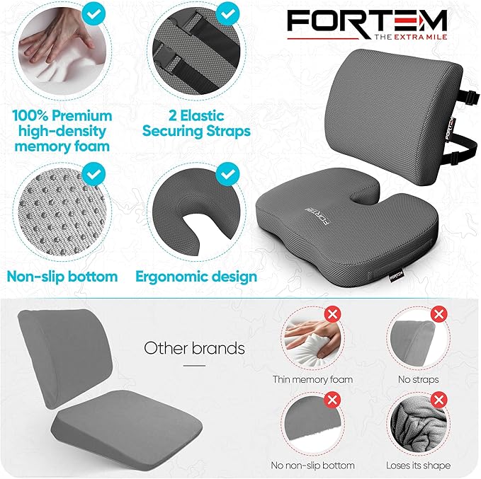 FORTEM Seat Cushion, Office Chair Cushion, Lumbar Support Pillow for Office Chair, Memory Foam Sciatica Coccyx Tailbone Pressure Pain Relief, Car Sitting Pad, Washable Non Slip, XL