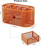 EasyPAG Mesh Pen Holder Desk Organizer with Drawer Stationery Supplies Organizer for Dorm School 9 Compartments Workspace Desk Accessories Organization for Office, Orange