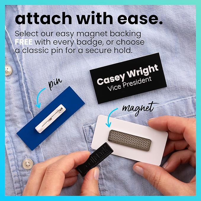 ExcelMark Custom Name Tag - Engraved Name Badge with Pin or Magnetic Backing, 16 Colors, 6 Fonts, and 2 Sizes to Choose from (Black w/Silver Letters, 1"x 3")