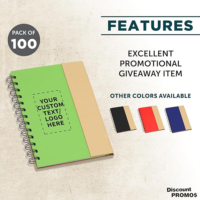 DISCOUNT PROMOS Custom Eco Friendly Spiral Notebooks with Pens Set of 100, Personalized Bulk Pack - Perfect for School, Office, Home - Green