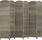 HOMCOM 6 Panel Room Divider, 6' Tall Folding Privacy Screen, Hand-Woven Freestanding Wall Partition for Home Office, Bedroom, Dark Rustic Oak
