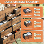 WLIVE Fabric Dresser for Bedroom with 10 Drawers, Chest of Drawers with Side Pockets and Hooks, Sturdy Metal Frame, Drawers Organizer Unit for Living Room, Hallway, Rustic Brown Wood Grain Print