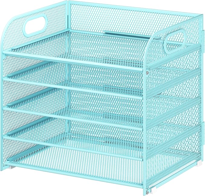 Cawukege 5 Tier Paper Organizer with Handle, Metal Mesh Desk Organizer File Folder Paper Letter Tray Desktop Document Sorter for Classroom, School, Office Accessories Organization and Storage - Blue