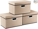 PRANDOM Collapsible Storage Cubes with Lids [3-Pack] Jute Fabric Foldable Storage Boxes Organizer Containers Baskets Bins with Cover for Home Bedroom Closet Office Nursery (14.9x9.8x9.8)