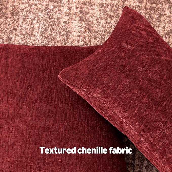Amazon Basics Chenille Throw Pillow Covers, Home Decor Cushion Cover for Bedroom Living Room Couch Bed, 20" W × 20" L, Burgundy