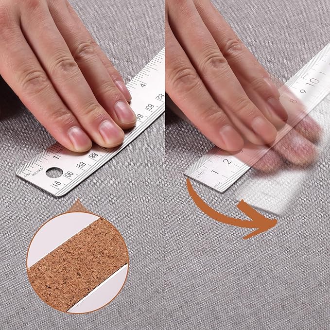 24 Inch Metal Ruler, Stainless Steel Straight Edge Ruler with Cork Backing, Non-Slip Imperial & Metric Measuring Tool for School, Office, Woodworking, Drafting
