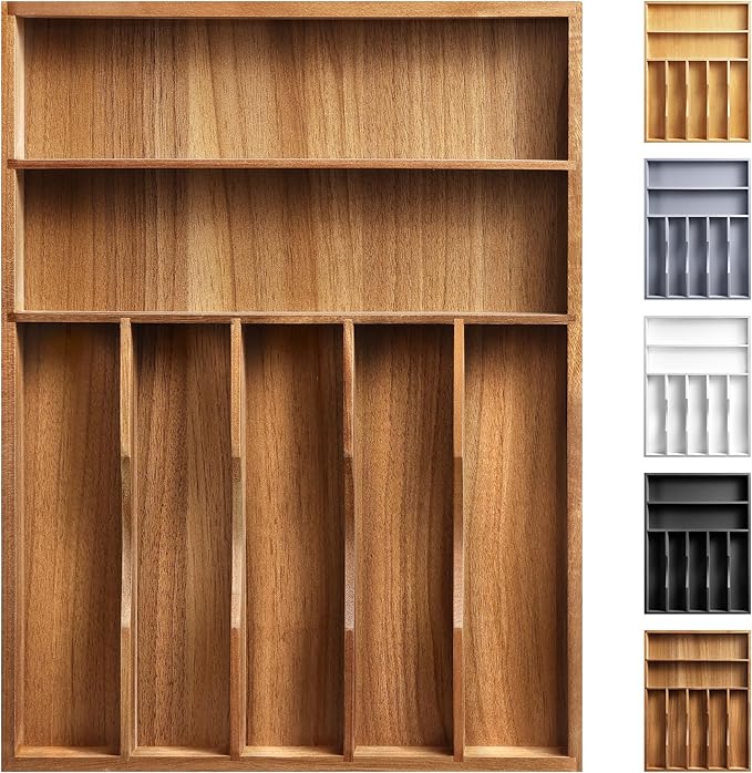 Oridom Kitchen Acacia Silverware Organizer - Extra Deep Grooved Drawer Divider, 7 Slot Utensil Organizer