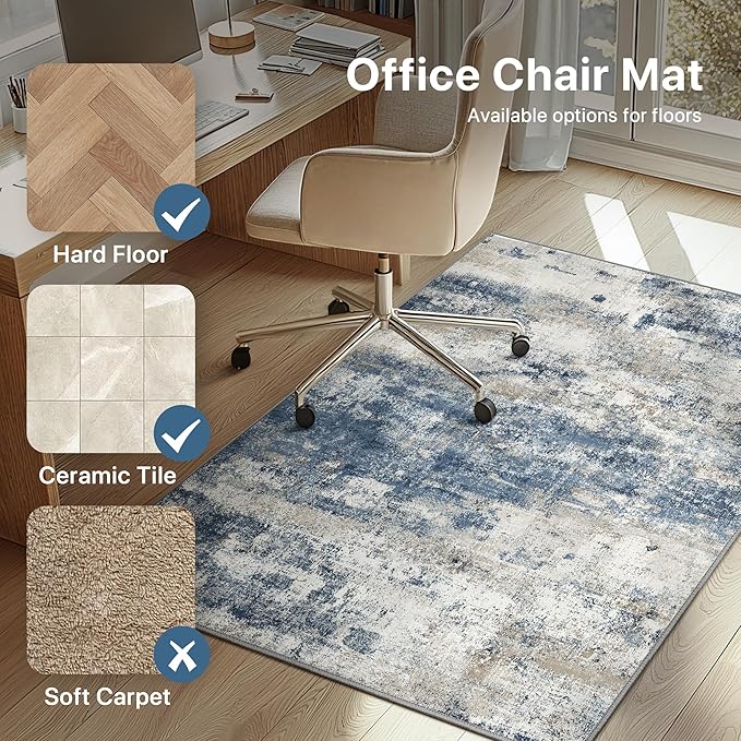 Office Chair Mat for Hardwood Tile Floor, Abstract 36"X 48" Desk Mats for Office Chair on Rolling Chairs Carpet, Desk Anti-Slip 1/5" Thick Rug for Computer Chair, Thin Low-Pile Floor Mat, Navy Beige