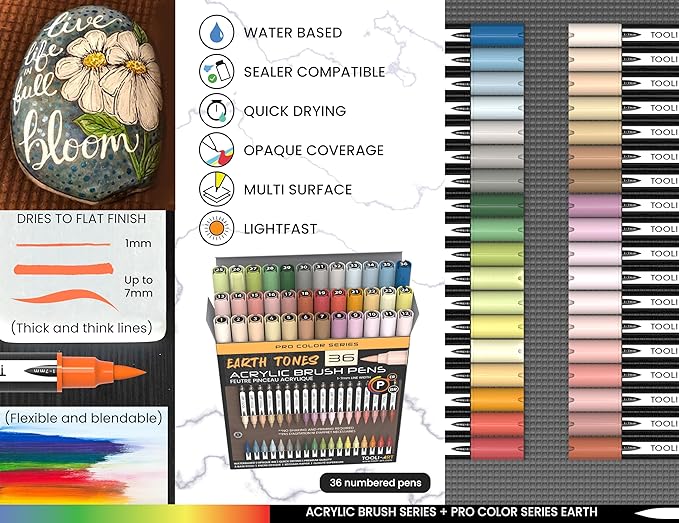 36 Flexible Brush Tip Earth Tones Acrylic Paint Pens Markers Set 1-7mm Line for Rock Painting, Brush Lettering, Glass, Mugs, Wood, Metal, Canvas, Fabric, Plastic. Non Toxic Waterbased Quick Drying