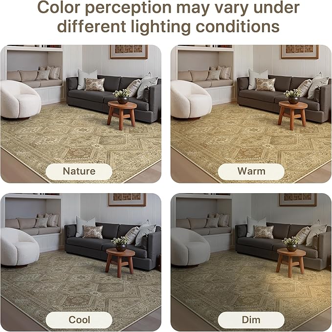 GENIMO 5x7 Area Rugs for Living Room, Machine Washable Non Slip Vintage Rugs, Low Pile Lightweight Print Rug for Bedroom, Dining Room, Home Office, Tan Brown