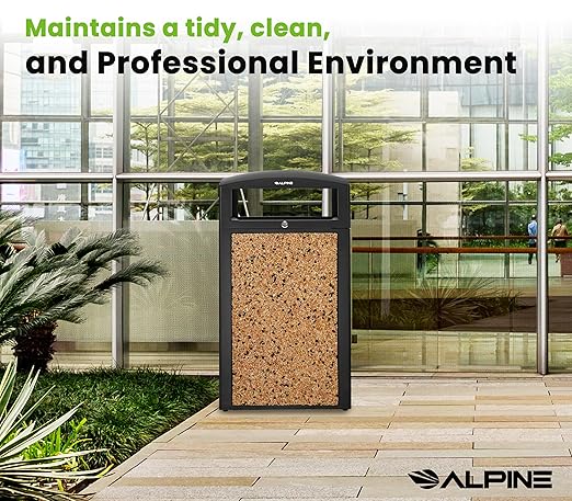 Alpine Outdoor Commercial Trash Can with Lid - 40 Gallon Heavy Duty Metal Garbage Can with Removable Bin, Locking Lid & a Modern Look in Park & High Traffic Areas (Black, Brown Stone Panels with Tray)