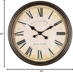 Bernhard Products Large Decorative Wall Clock 20 Inch Silent Non Ticking Battery Operated Quartz Vintage Stylish with Rustic Dark Brown Rim for Home Living/Dining Room Kitchen & Over Fireplace