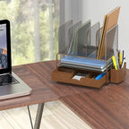 Simple Houseware Mesh Desk Organizer with Sliding Drawer, Double Tray and 5 Upright Sections, Copper