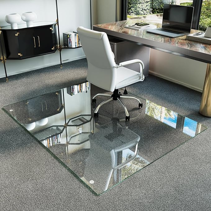 Koonmi Tempered Glass Chair Mat for Hardwood Floors & Carpets, 48" x 60“ Transparent Heavy Duty Office Floor Protector with Noise-Free Gliding Shatterproof for Home Office Desk