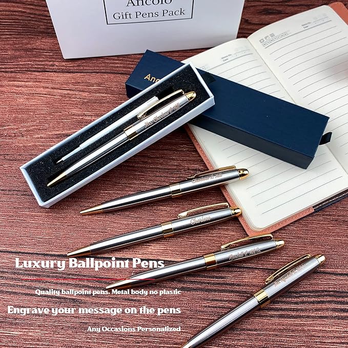 Ancolo Personalized Luxury Ballpoint Pen Writing Set-Stainless Steel Fancy pens Custom with Your Name or Message, Perfect for Students/Teacher/Manager/Lawyer/Professor 5PCS/Pack
