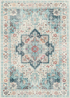 GENIMO 9x12 Area Rugs for Living Room, Machine Washable Non Slip Rugs, Low Pile Lightweight Vintage Print Rug for Bedroom, Dining Room, Home Office, Cyan/White
