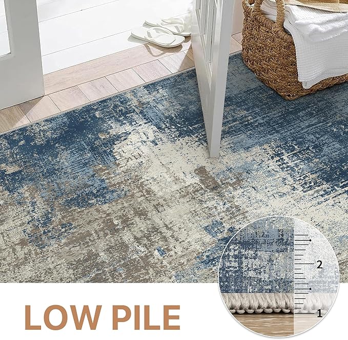 GENIMO Washable Area Rugs for Living Room, 10x12 Modern Non Slip Rugs, Low Pile Lightweight Soft Print Rug for Bedroom, Dining Room, Home Office, Washed Slate Blue
