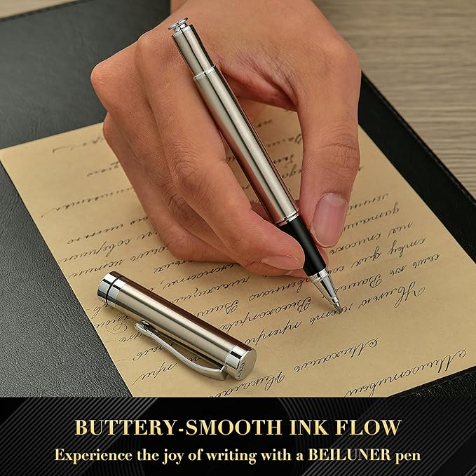 BEILUNER Silver Ballpoint Pens, Stainless Steel Body, Smooth Writing Experience, Dishwasher Safe, Gift Box with Extra Refill