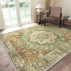 GENIMO 8x10 Area Rugs for Living Room, Machine Washable Rug, Non Slip Indoor Vintage Rug, Low Pile Lightweight Chenille Print Carpet for Bedroom Dining Room Home Office, Muted Green Brown